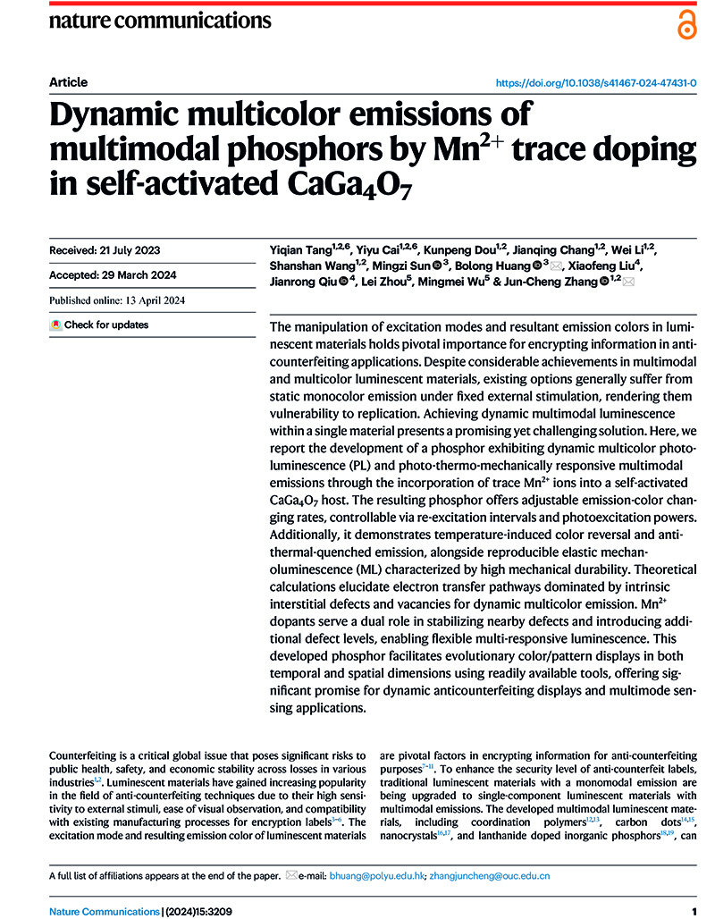 Dynamic multicolor emissions of multimodal phosphors by Mn2+ trace doping in self-activated CaGa4O7-1.jpg